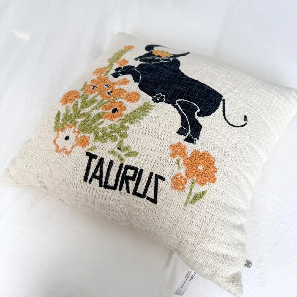 Urban Outfitters Taurus Embroidered Pillow Zodiac Bull Floral Cotton Cushion
